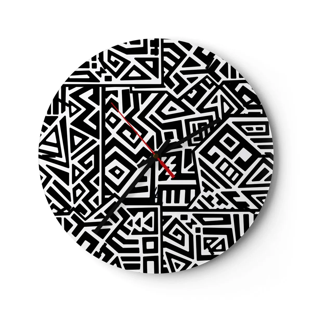 Vægur, Uret - Sort og hvid komposition af geometriske mønstre - 30x30cm - Præcolumbiansk sammensætning - Moderne vægdekoration til stue, køkken og soveværelse ARTTOR