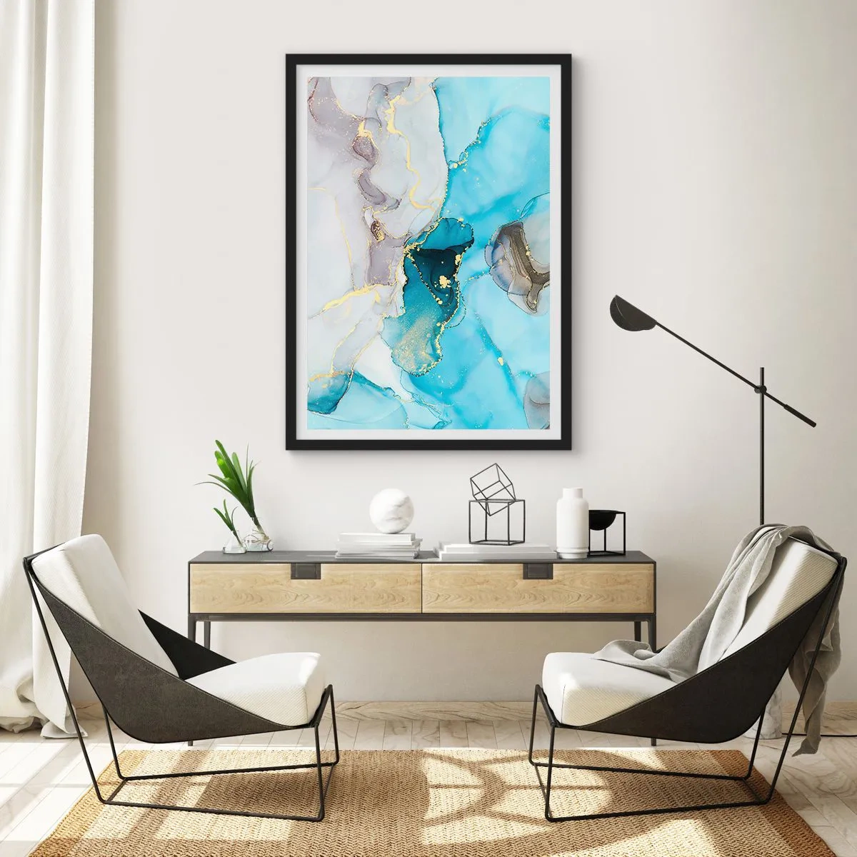 Plakat i sort ramme - En undersøgelse af mødet mellem grå og turkis - 30x40 cm