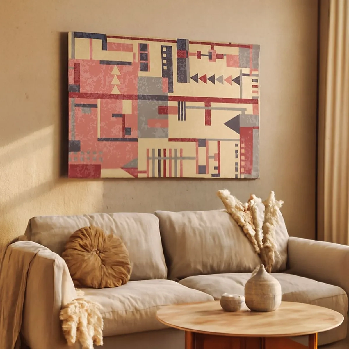 Lærredstryk - Billede på lærred - Geometrisk mønster i pastelfarver af beige, rød og grå - 70x50cm - Kombination af vertikaler og niveauer - Moderne vægdekoration til stue og soveværelse ARTTOR