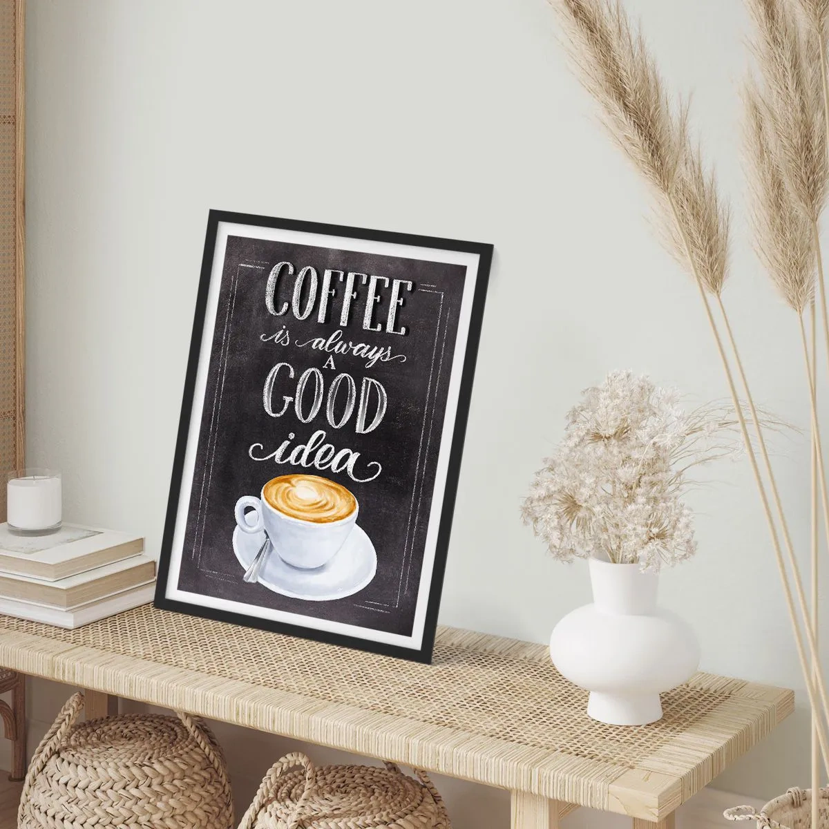 Plakat i sort ramme - Kaffeplakat med tavlelignende bogstaver - 50x70cm - Ja, selvfølgelig! - Moderne vægdekoration til stue og soveværelse ARTTOR