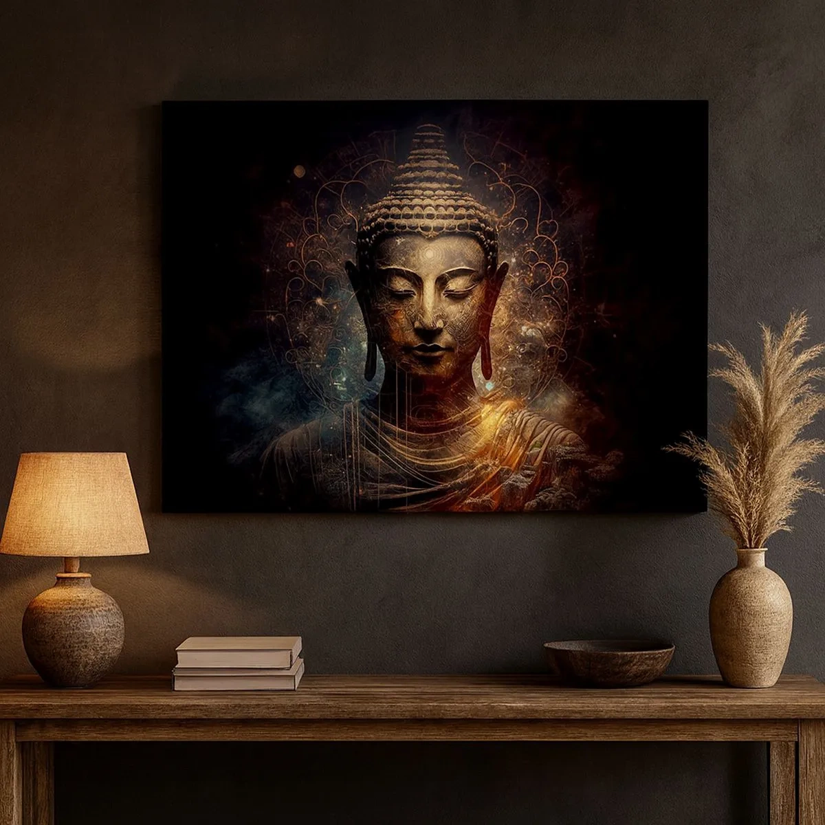 Lærredstryk - Billede på lærred - Gylden Buddha på en mørk baggrund med ornamenter - 70x50cm - Åndelig balance - Moderne vægdekoration til stue og soveværelse ARTTOR