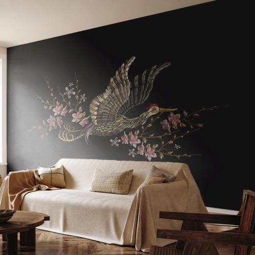 Fototapet Premium Canvas - Eksotisk broderet fugl - Fugl, Grafik, Blomster - 450x315 cm