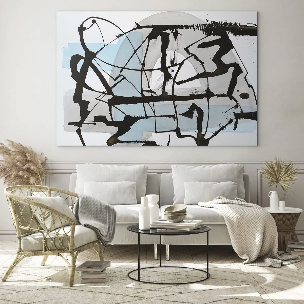 Billede på glas - Abstrakt komposition med en sort skitse og blå pletter - 70x50cm - Ikke desto mindre blå - Moderne vægdekoration til stue og soveværelse ARTTOR
