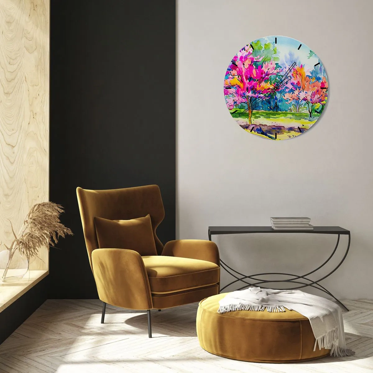 Vægur, Uret - Akvarellandskab med farverige træer - 30x30cm - Regnbuehaven i forårets pragt - Moderne vægdekoration til stue, køkken og soveværelse ARTTOR