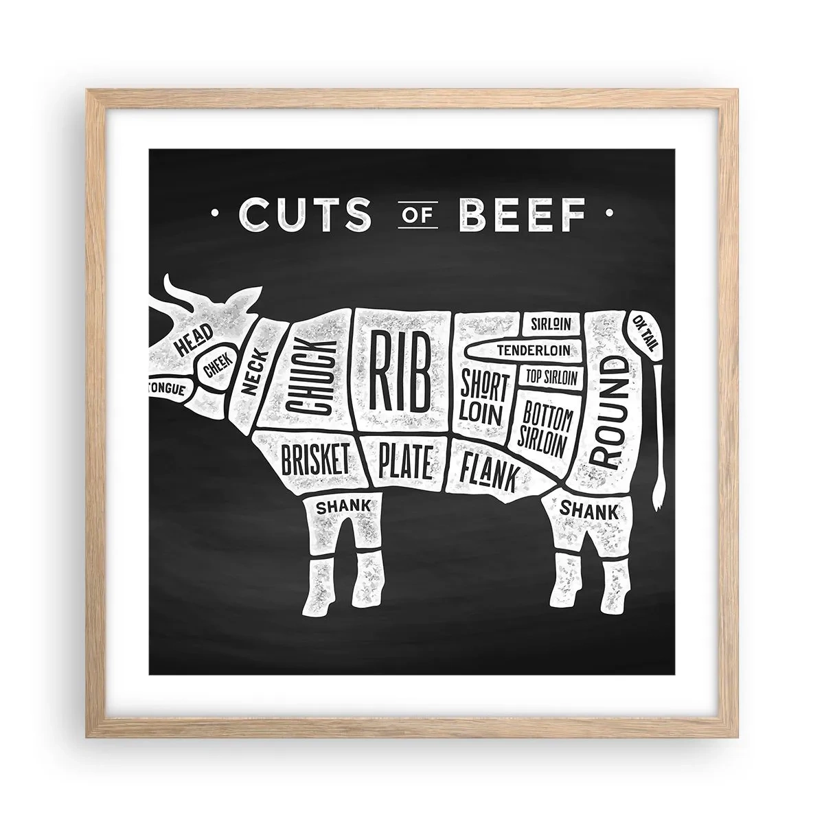 Plakat i ramme af lyst egetræ - Slagterens grundbog - 50x50 cm