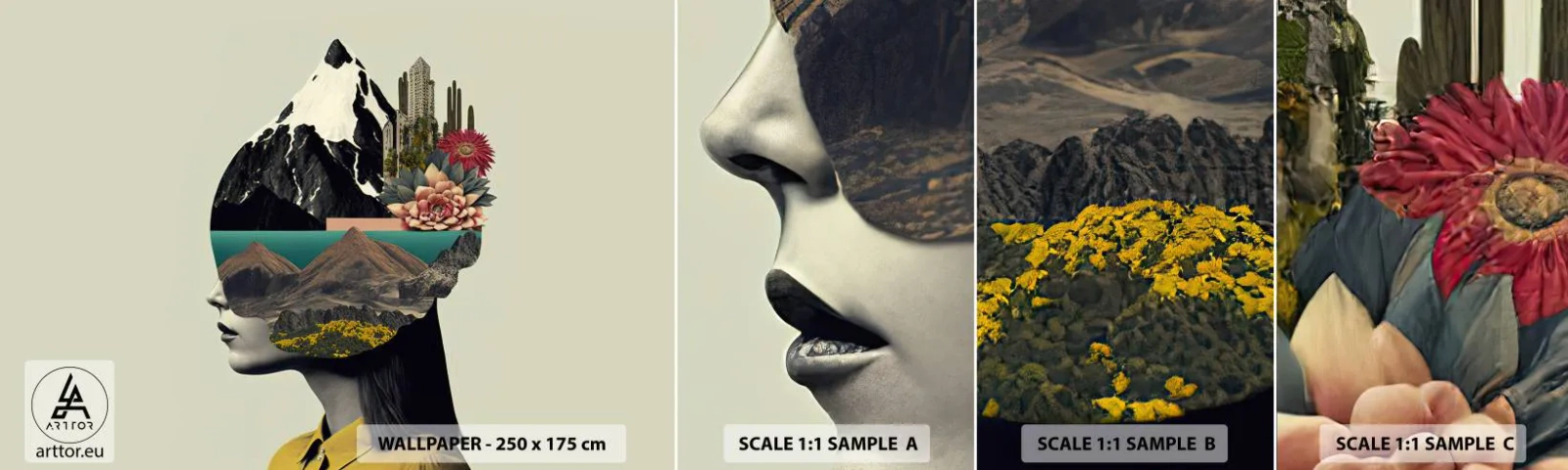 Fototapet Prøve Standard Eco - Kvinden - altid et mysterium - Bjerge, Sind, Hoved - 100x30 cm