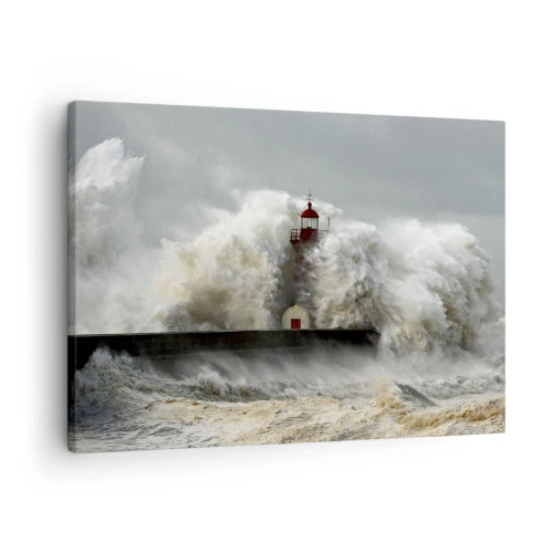 Lærredstryk - Billede på lærred - Et fyrtårn omgivet af barske bølger under en storm - 70x50cm - Havets vrede - Moderne vægdekoration til stue og soveværelse ARTTOR