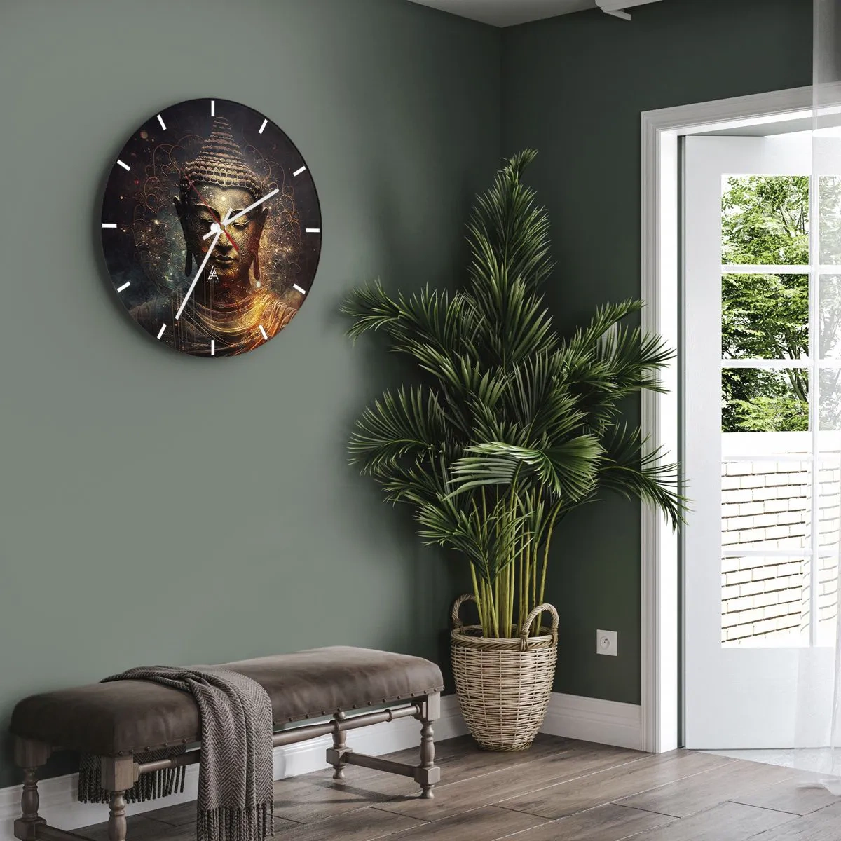 Vægur, Uret - Et gyldent billede af en mediterende Buddha på en mørk baggrund - 30x30cm - Åndelig balance - Moderne vægdekoration til stue, køkken og soveværelse ARTTOR