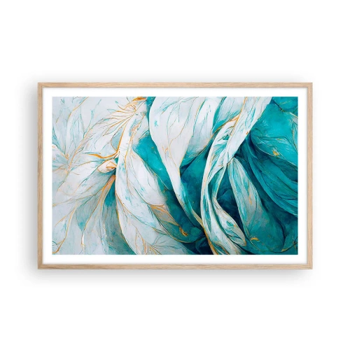 Plakat i ramme af lyst egetræ - Blå abstraktion med et guldmotiv - 91x61 cm