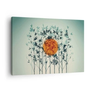 Lærredstryk - Billede på lærred - Orange sol blandt bambusgrene - 70x50cm - Japansk sol - Moderne vægdekoration til stue og soveværelse ARTTOR
