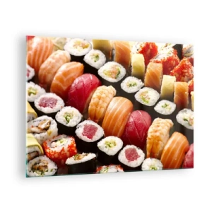 Billede på glas - En farverig sushi-komposition med en række forskellige ingredienser - 70x50cm - Asiens farver og smag - Moderne vægdekoration til stue og soveværelse ARTTOR