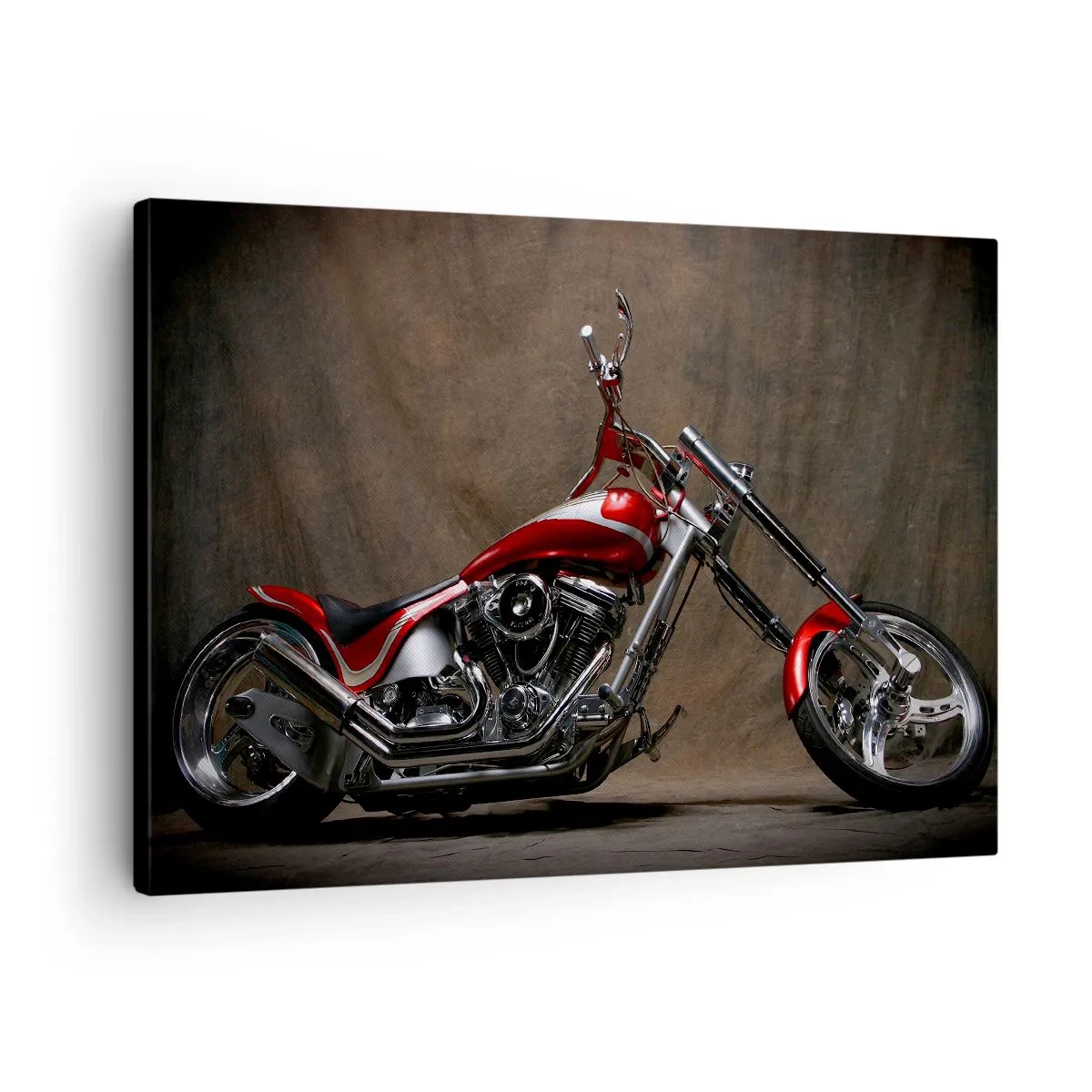 Lærredstryk - Billede på lærred - Rød specialmotorcykel mod en brun stofbaggrund - 70x50cm - Rød og sølvfarvet skønhed - Moderne vægdekoration til stue og soveværelse ARTTOR