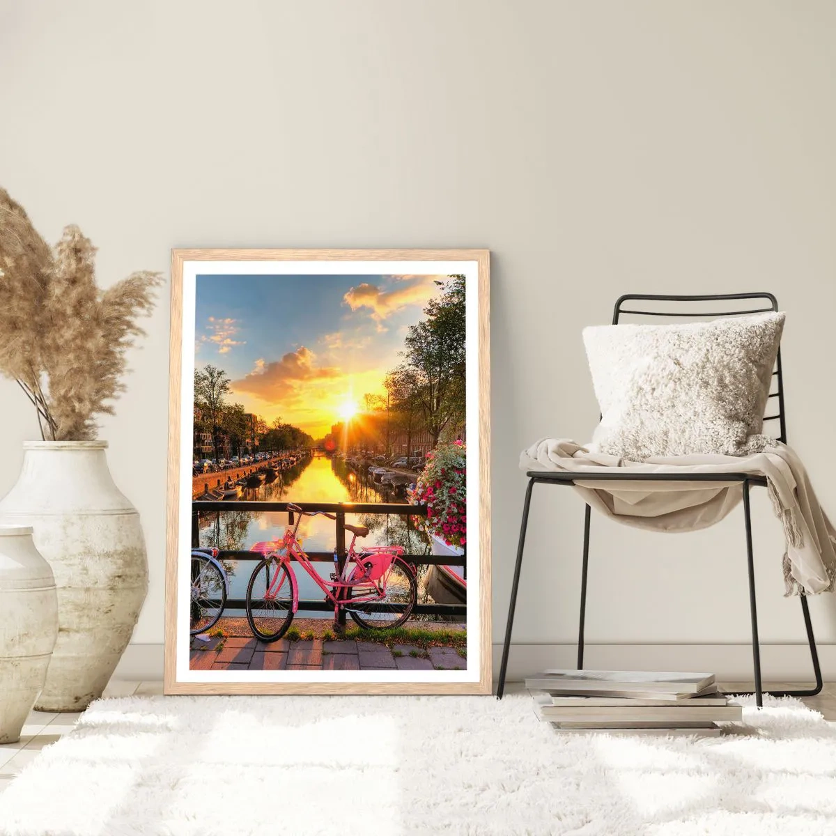 Plakat i ramme af lyst egetræ - Forårsmorgen i Amsterdam - 50x70 cm