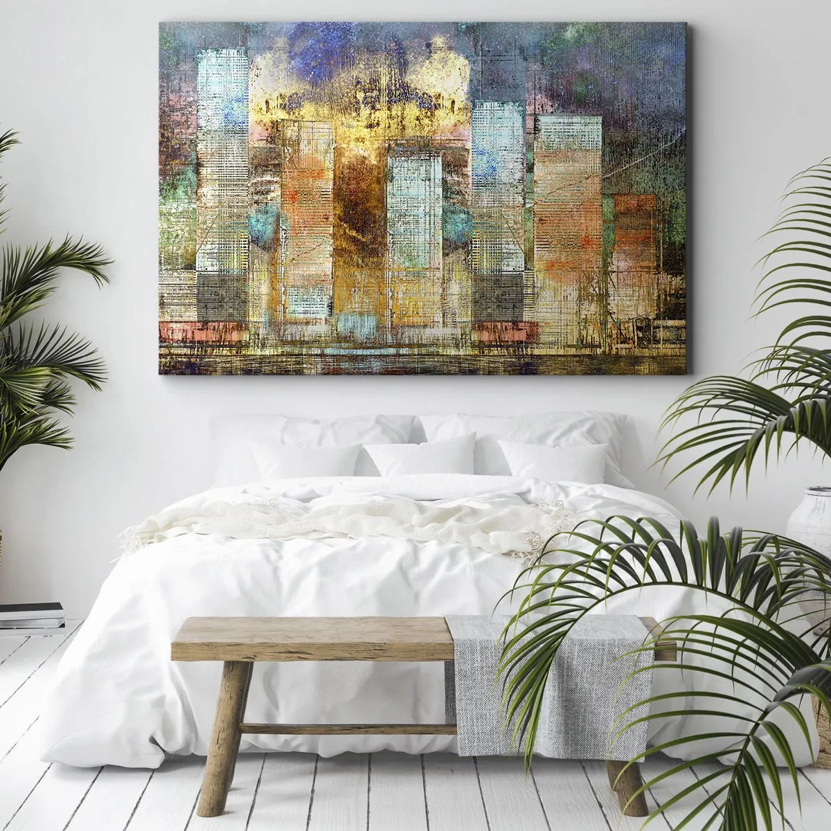 Lærredstryk - Billede på lærred - Abstrakte skyskrabere i industriel stil - 70x50cm - Solrig metropol - Moderne vægdekoration til stue og soveværelse ARTTOR