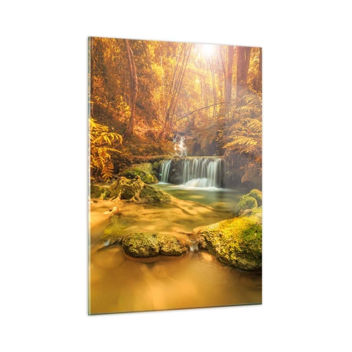 Billede på glas - Skovkaskade i guld - 50x70 cm
