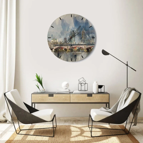 Vægur, Uret - London Bridge og skyline i akvarelstil - 30x30cm - London i al sin pragt - Moderne vægdekoration til stue, køkken og soveværelse ARTTOR