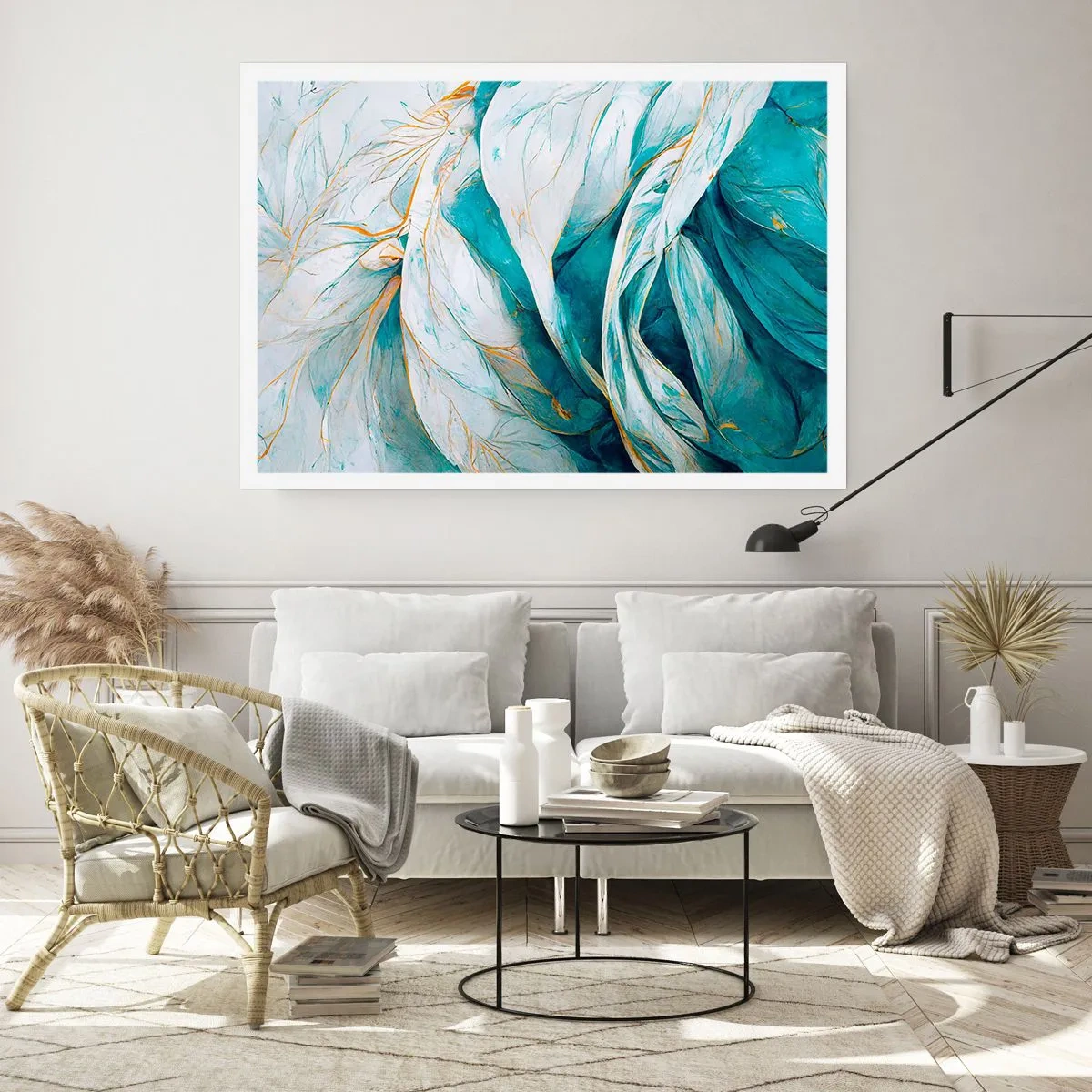 Plakat - Blå abstraktion med et guldmotiv - 91x61 cm