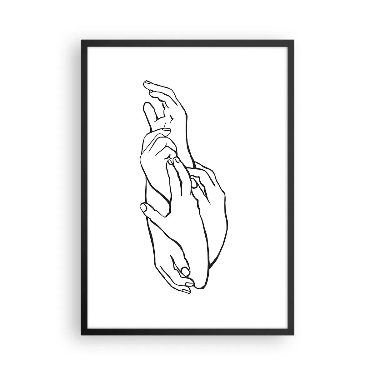 Plakat i sort ramme - En minimalistisk skitse af foldede hænder på en hvid baggrund. - 50x70cm - God berøring - Moderne vægdekoration til stue og soveværelse ARTTOR
