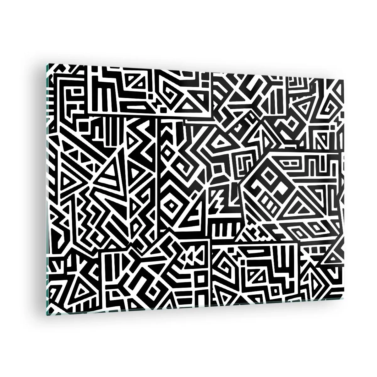 Billede på glas - Sort-hvidt mønster inspireret af tribal kunst - 70x50cm - Præcolumbiansk sammensætning - Moderne vægdekoration til stue og soveværelse ARTTOR
