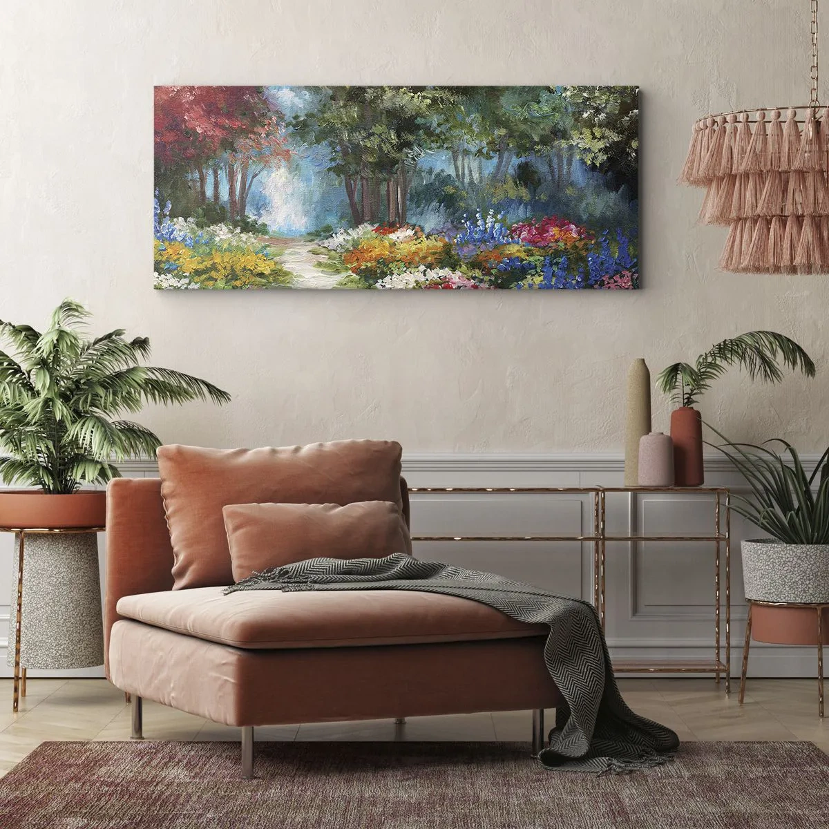 Lærredstryk - Billede på lærred - Skovhave, blomsterskov - 100x40 cm