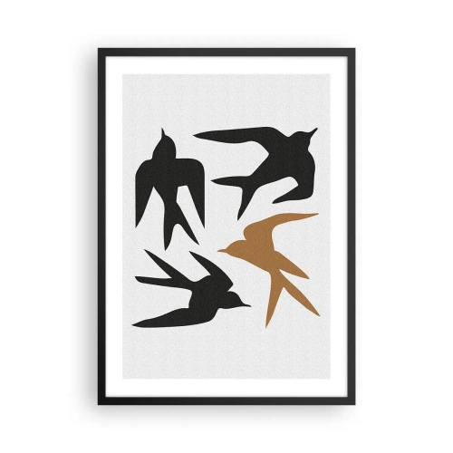 Plakat i sort ramme - Stiliserede silhuetter af svaler på en lys baggrund - 50x70cm - Sluge spil - Moderne vægdekoration til stue og soveværelse ARTTOR