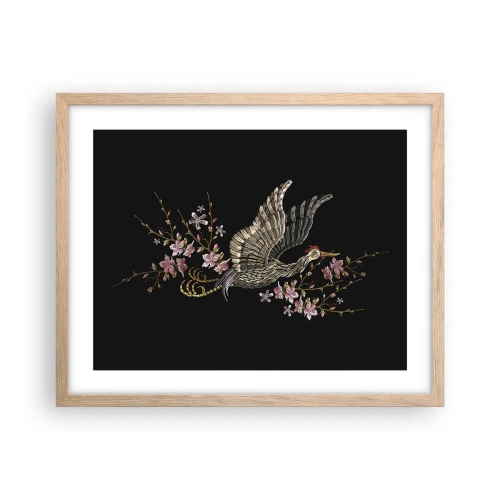 Plakat i ramme af lyst egetræ - Eksotisk broderet fugl - 50x40 cm