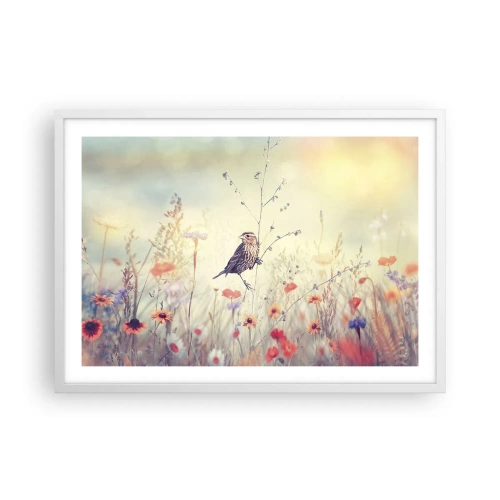 Plakat i hvid ramme - Fugleportræt med en eng i baggrunden - 70x50 cm