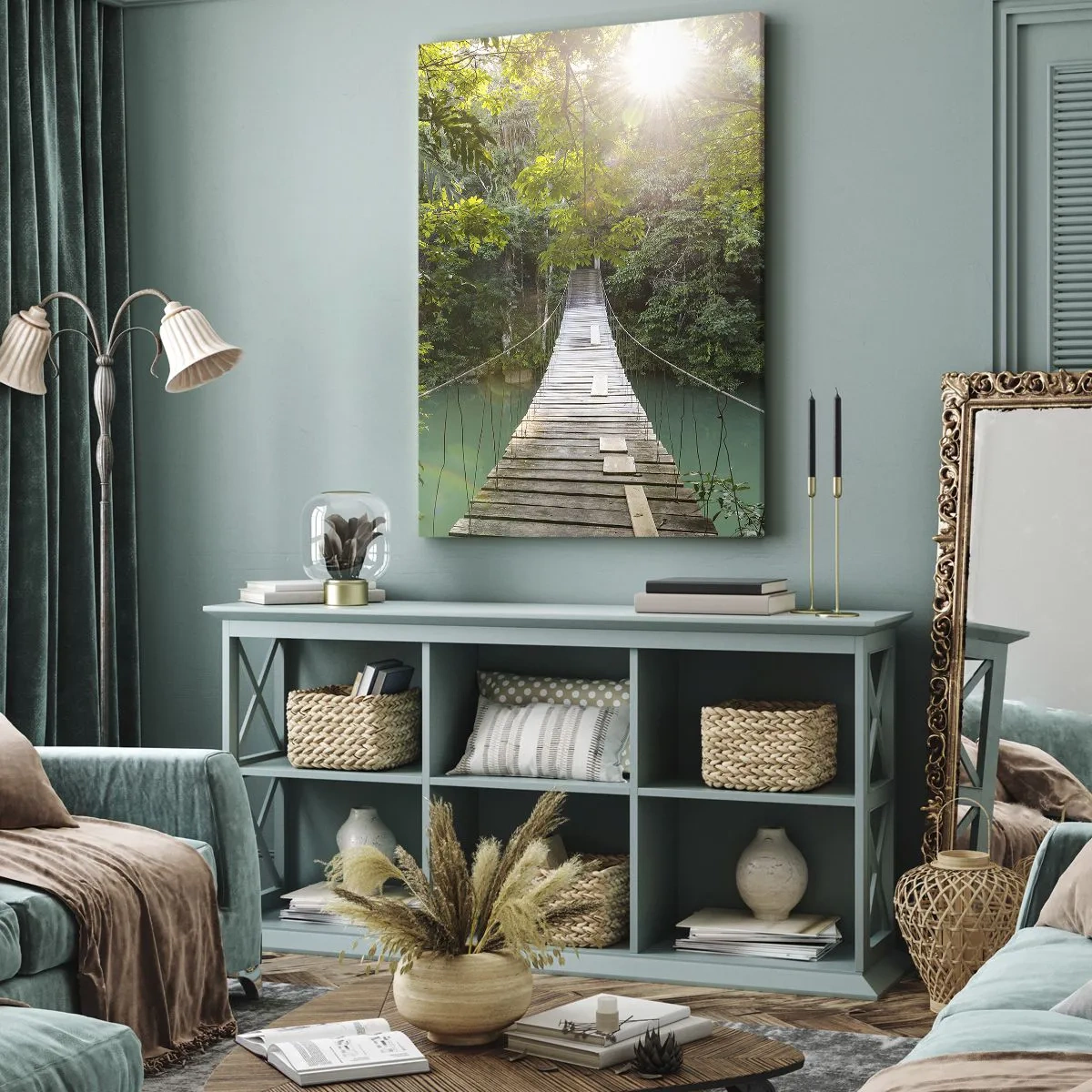 Lærredstryk - Billede på lærred - Over det azurblå vand til den azurblå skov - 45x80 cm