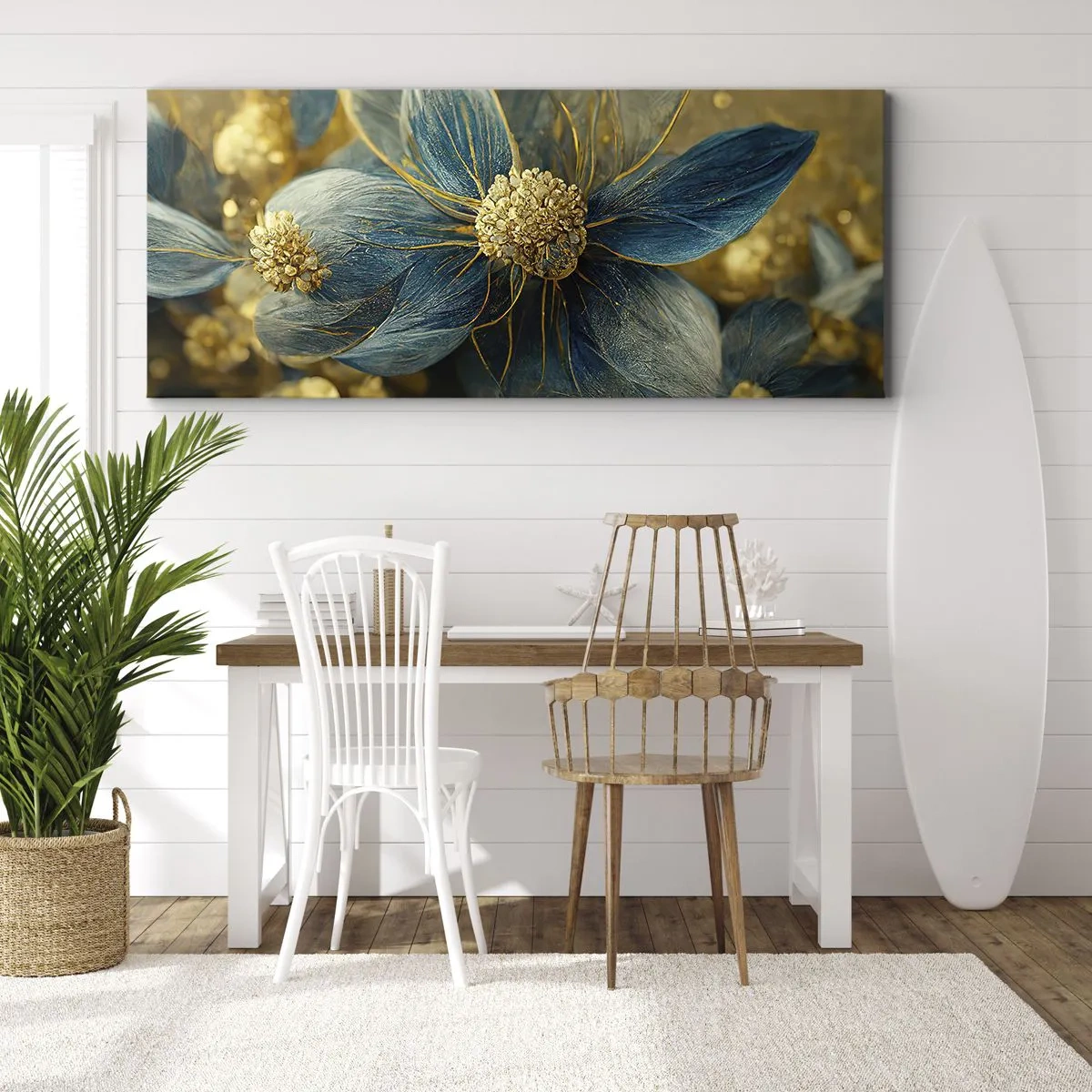Lærredstryk - Billede på lærred - Blomstre med guld - 160x50 cm