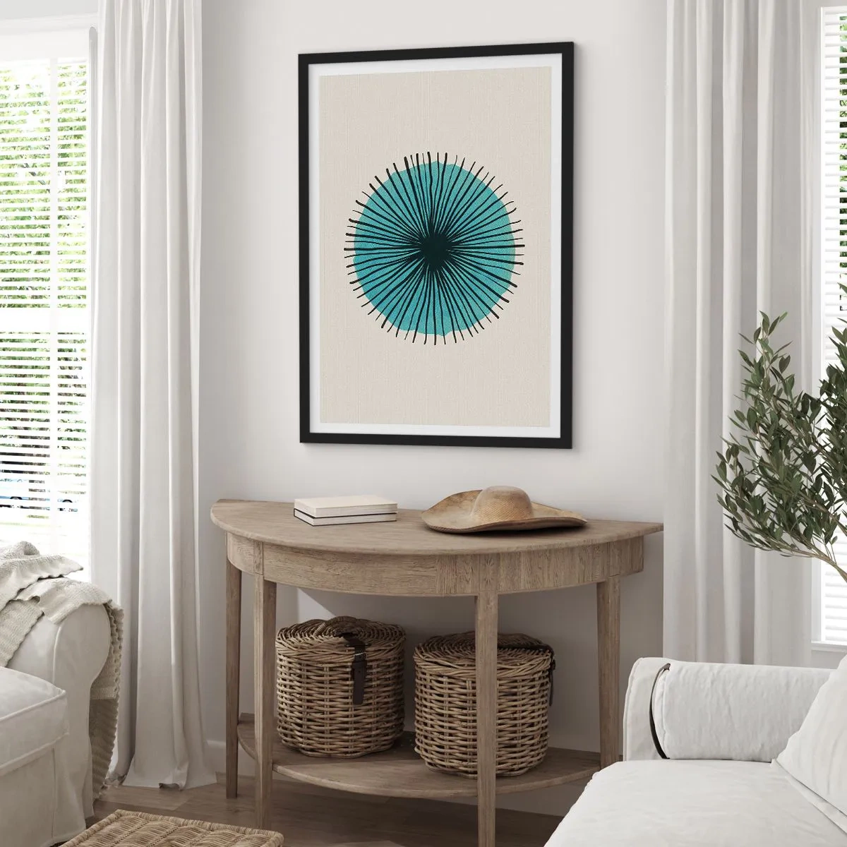 Plakat i sort ramme - Geometrisk mønster i form af en radial cirkel - 50x70cm - Strålende på blå - Moderne vægdekoration til stue og soveværelse ARTTOR