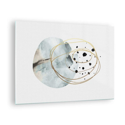 Billede på glas - Abstrakt komposition med en blå plet og gyldne linjer - 70x50cm - I rummets favntag - Moderne vægdekoration til stue og soveværelse ARTTOR