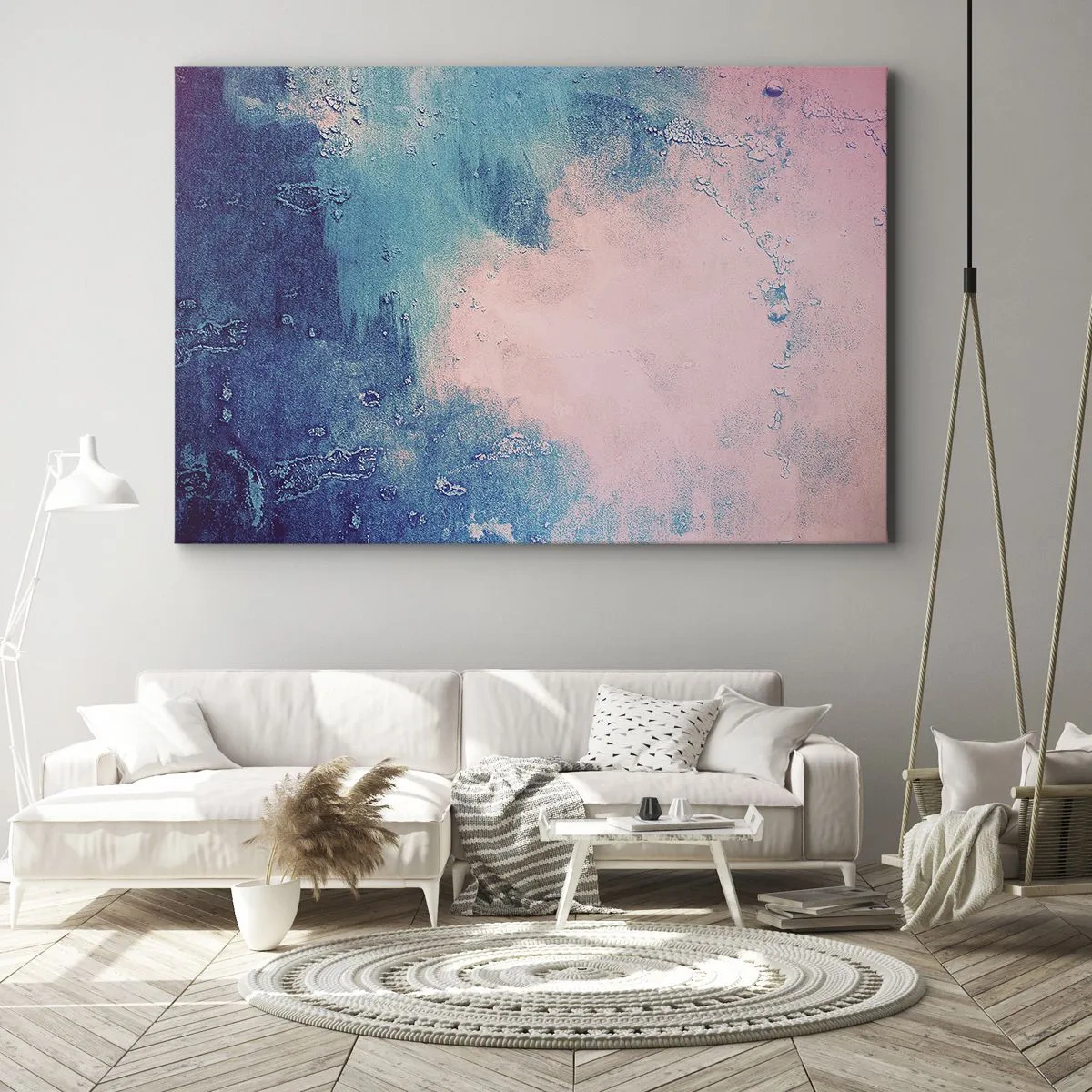 Lærredstryk - Billede på lærred - Abstrakt tekstur i nuancer af lyserød og blå - 70x50cm - Blå omfavnelse - Moderne vægdekoration til stue og soveværelse ARTTOR