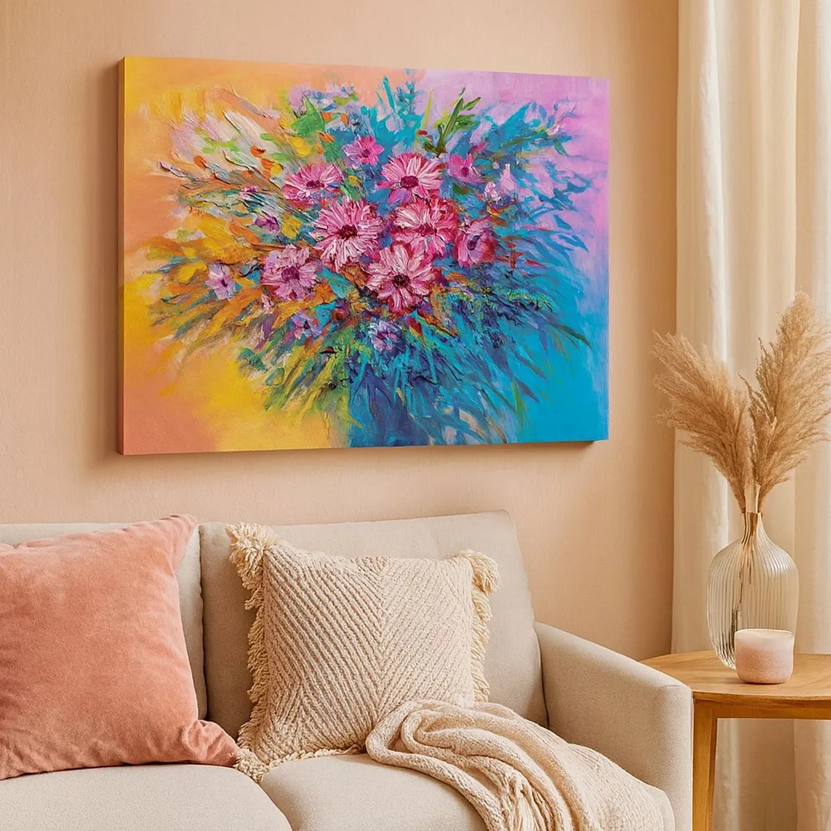 Lærredstryk - Billede på lærred - Farverige blomster i en buket mod en pastelfarvet baggrund - 70x50cm - Livets energi - Moderne vægdekoration til stue og soveværelse ARTTOR
