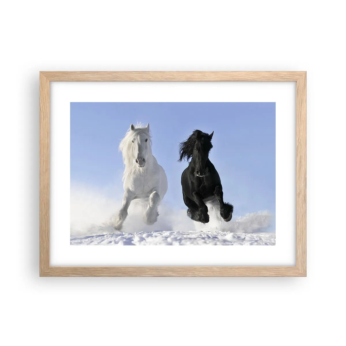 Plakat i ramme af lyst egetræ - Sort og hvid galop - 40x30 cm