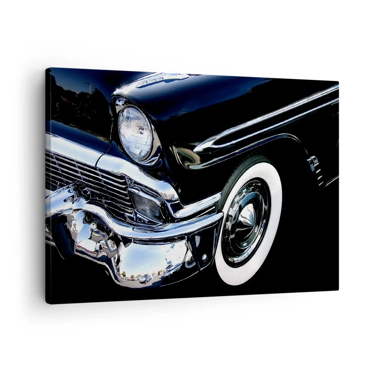 Lærredstryk - Billede på lærred - Sort klassisk bil nærbillede af forlygte og skærm - 70x50cm - Klassikere i sølv, sort og hvid - Moderne vægdekoration til stue og soveværelse ARTTOR
