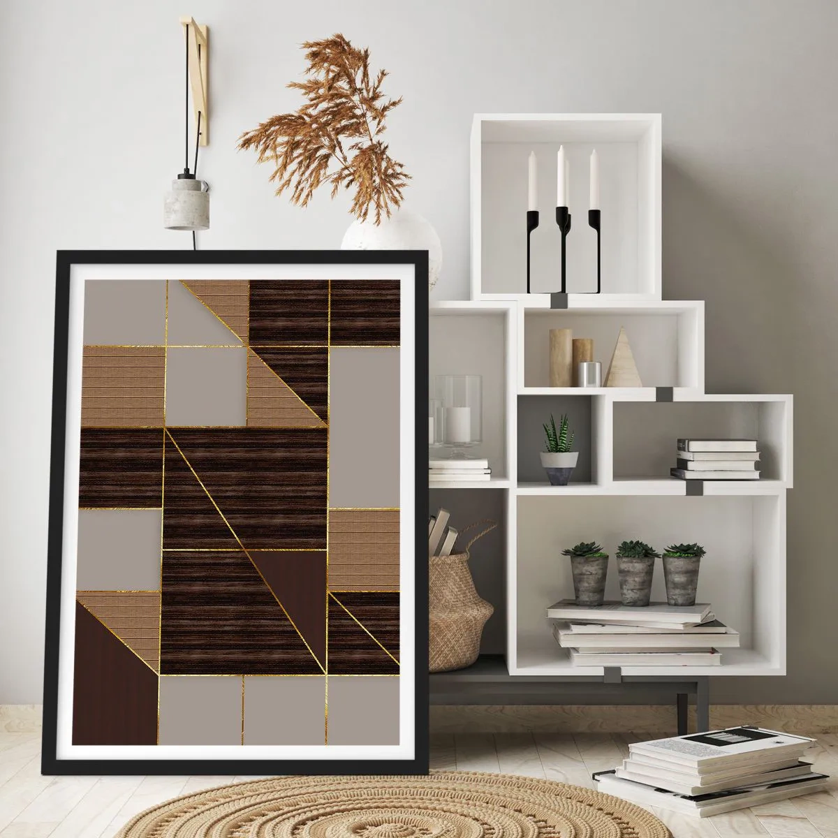 Plakat i sort ramme - Geometrisk komposition i brune og gyldne nuancer - 50x70cm - En mosaik af brune og gyldne farver - Moderne vægdekoration til stue og soveværelse ARTTOR