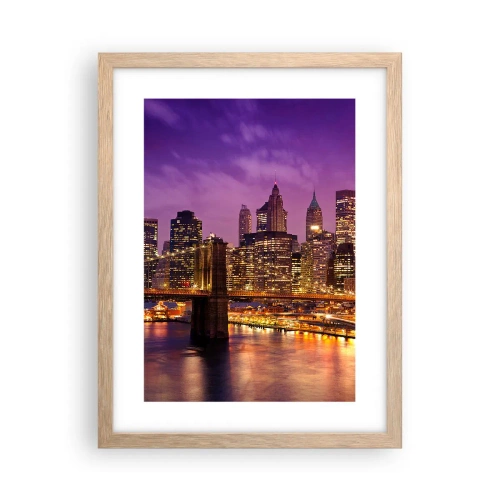 Plakat i ramme af lyst egetræ - Lilla og gylden Manhattan - 30x40 cm