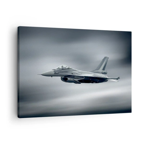Lærredstryk - Billede på lærred - Et jagerfly i luften mod en overskyet himmel - 70x50cm - Vil du tage udfordringen op? - Moderne vægdekoration til stue og soveværelse ARTTOR