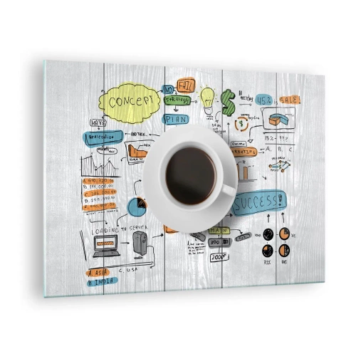 Billede på glas - En kop kaffe mod en baggrund af diagrammer og konceptuelle tegninger - 70x50cm - Tid til en pause - Moderne vægdekoration til stue og soveværelse ARTTOR