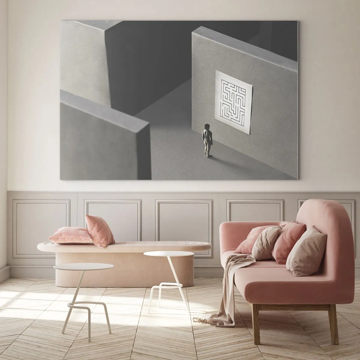 Billede på glas - Barn i en labyrint med et gådesymbol - 70x50cm - Men hvor er jeg? - Moderne vægdekoration til stue og soveværelse ARTTOR