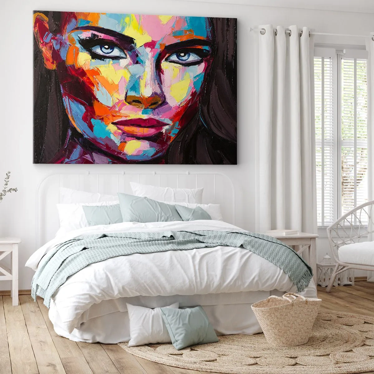 Lærredstryk - Billede på lærred - Et farverigt abstrakt portræt af en kvinde i intense farver. - 70x50cm - Også en farverig sjæl - Moderne vægdekoration til stue og soveværelse ARTTOR