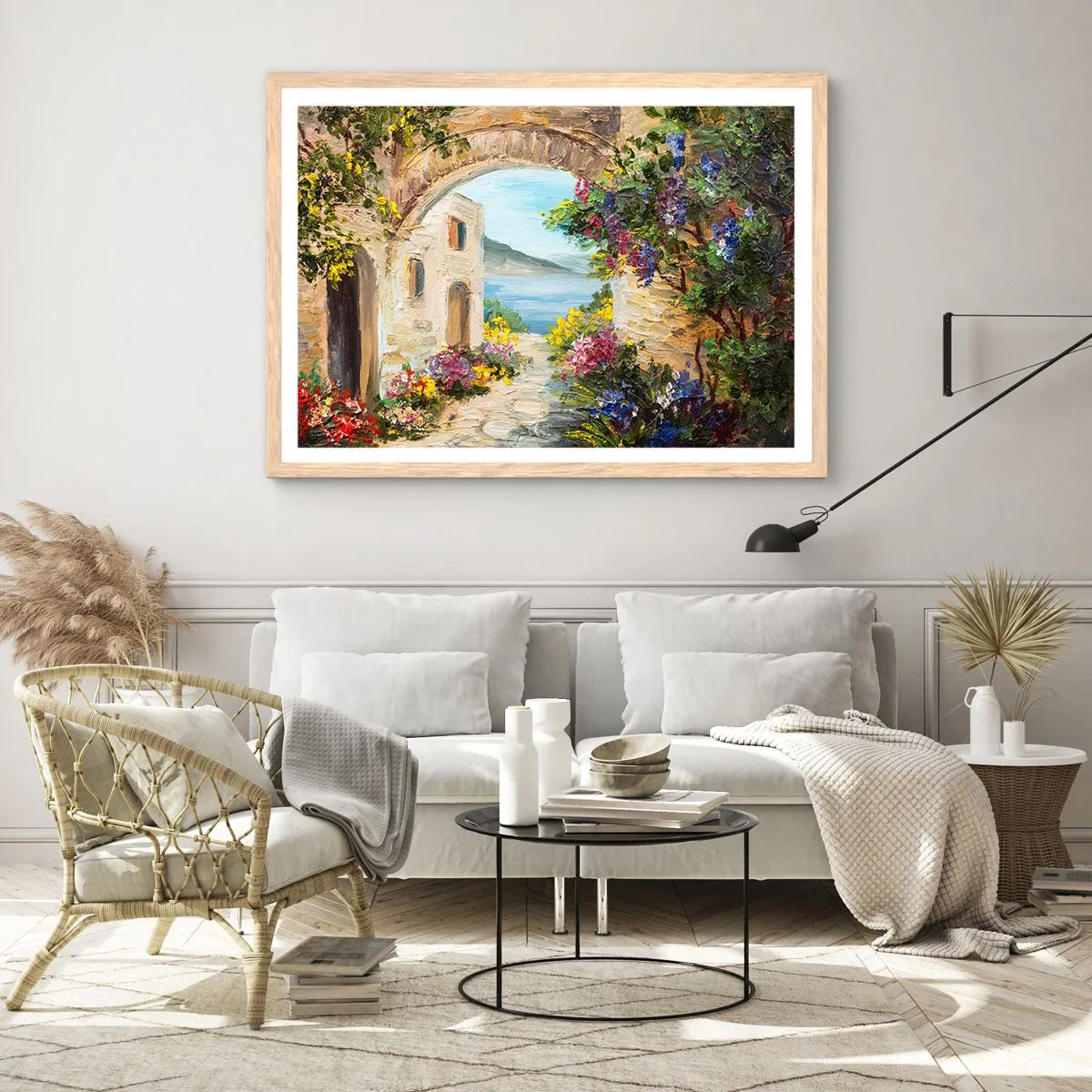 Plakat i ramme af lyst egetræ - Charmen af kystlandskabet - 100x70 cm