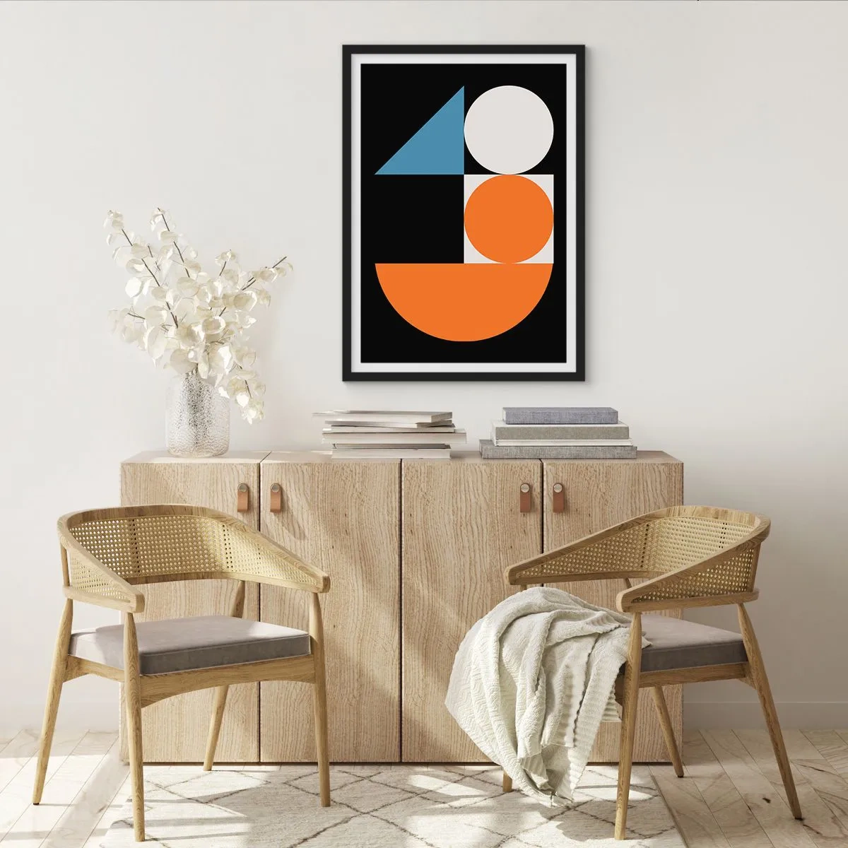 Plakat i sort ramme - Moderne geometrisk mønster med cirkler, trekanter og halvcirkler - 50x70cm - System til figurer - Moderne vægdekoration til stue og soveværelse ARTTOR