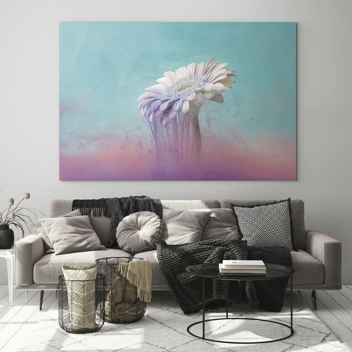 Billede på glas - En delikat blomst omgivet af pastelfarver af blå og lyserød - 70x50cm - Blomster efter døden - Moderne vægdekoration til stue og soveværelse ARTTOR