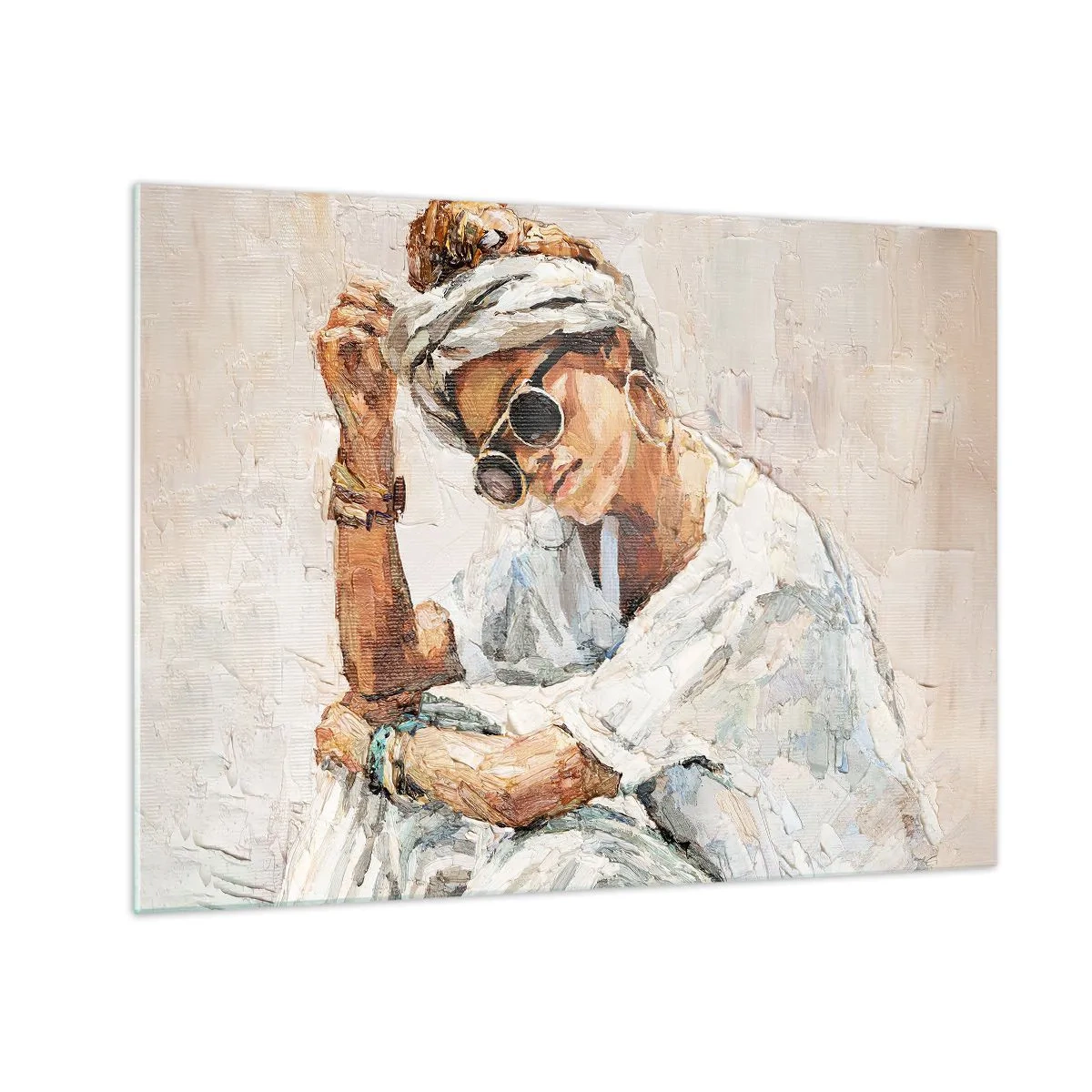 Billede på glas - Portræt af en kvinde med briller og turban malet med paletkniv - 70x50cm - Portræt i fuldt sollys - Moderne vægdekoration til stue og soveværelse ARTTOR