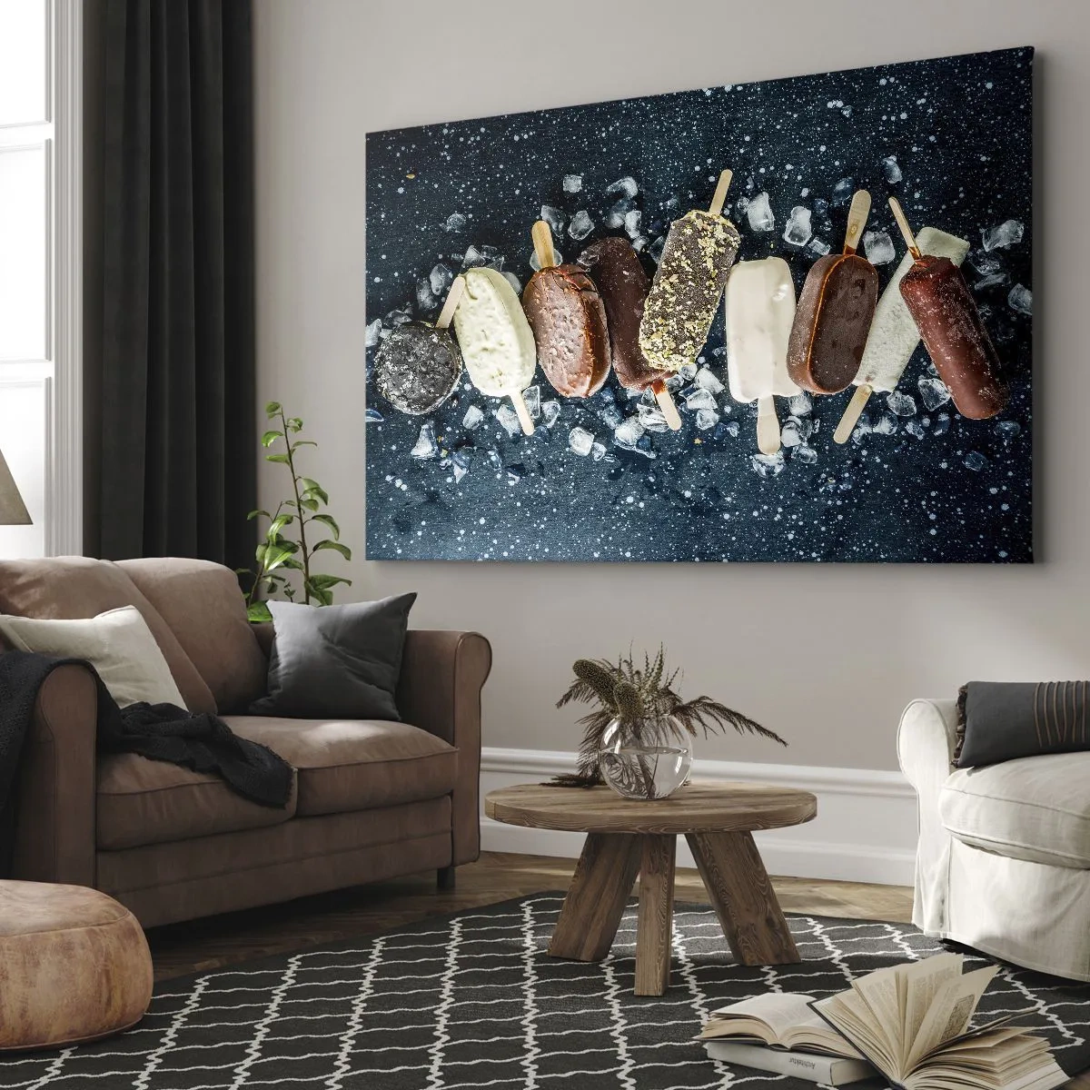 Lærredstryk - Billede på lærred - Farverige ispinde arrangeret på is med en mørk baggrund - 70x50cm - En smag af varm sommer - Moderne vægdekoration til stue og soveværelse ARTTOR