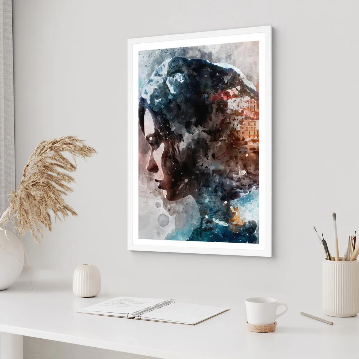 Plakat i hvid ramme - Historien om en pige med en by i baggrunden - 70x100 cm