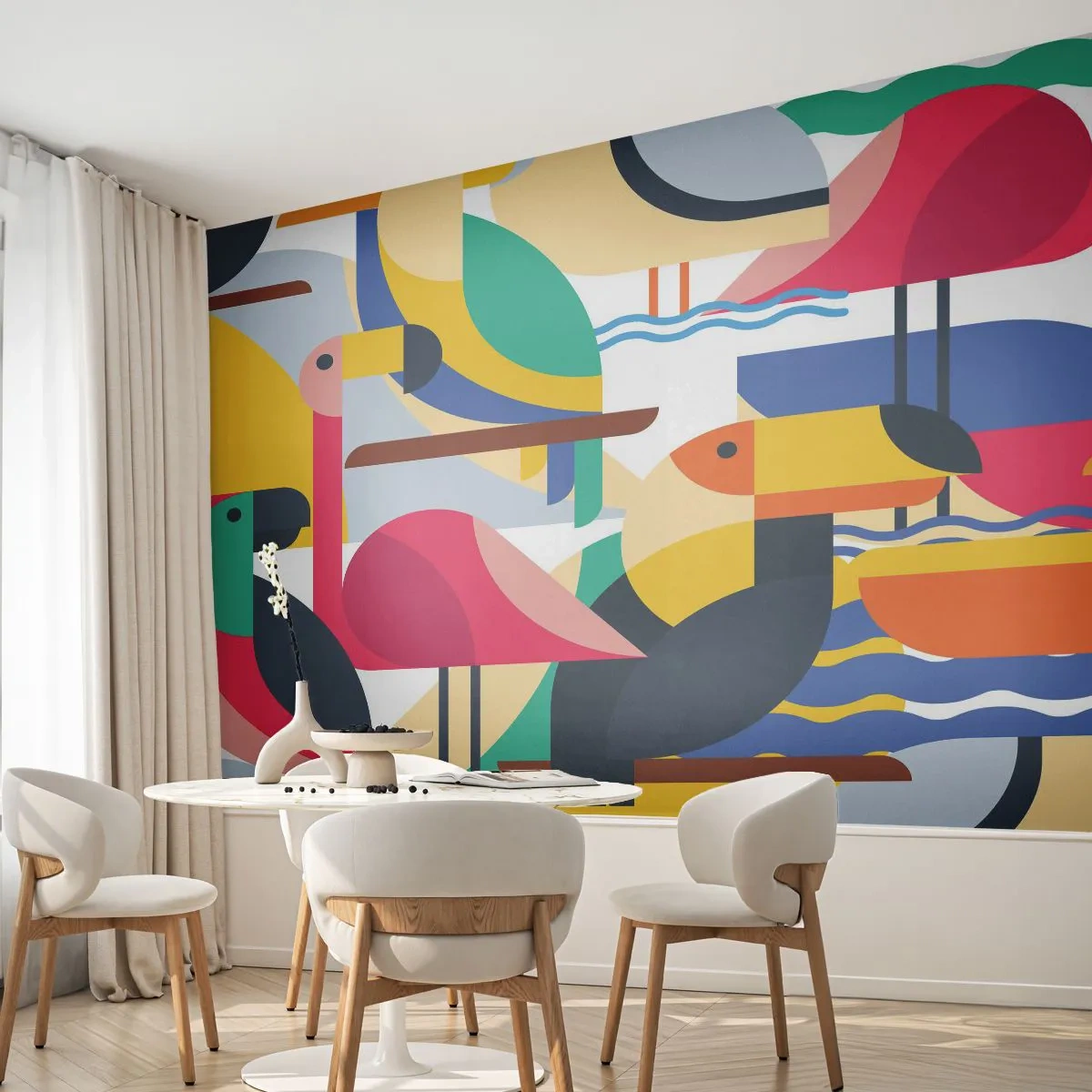 Fototapet Selvklæbende Deluxe Sticker - Fuglefest - Abstraktion, Pelikan, Stykke - 150x105 cm