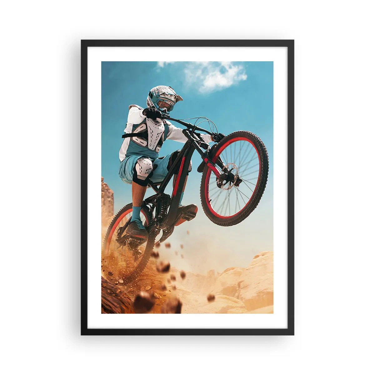Plakat i sort ramme - En mountainbiker udfører et dynamisk hop mod et ørkenlandskab. - 50x70cm - Cykel-dæmonisk galskab - Moderne vægdekoration til stue og soveværelse ARTTOR