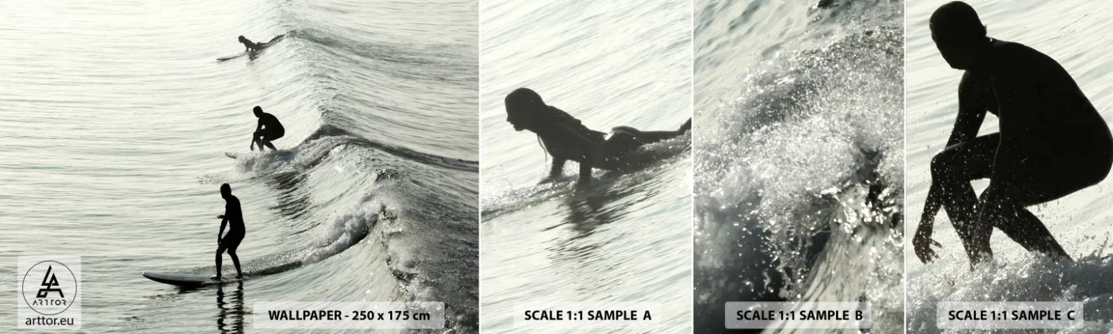 Prøve Fototapet Selvklæbende Deluxe Sticker - Mødet med bølgen - Surfing, Sport, Ocean - 100x30 cm